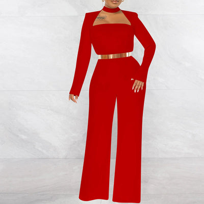 Solid Long Sleeve Cut Out Wide Leg Jumpsuit