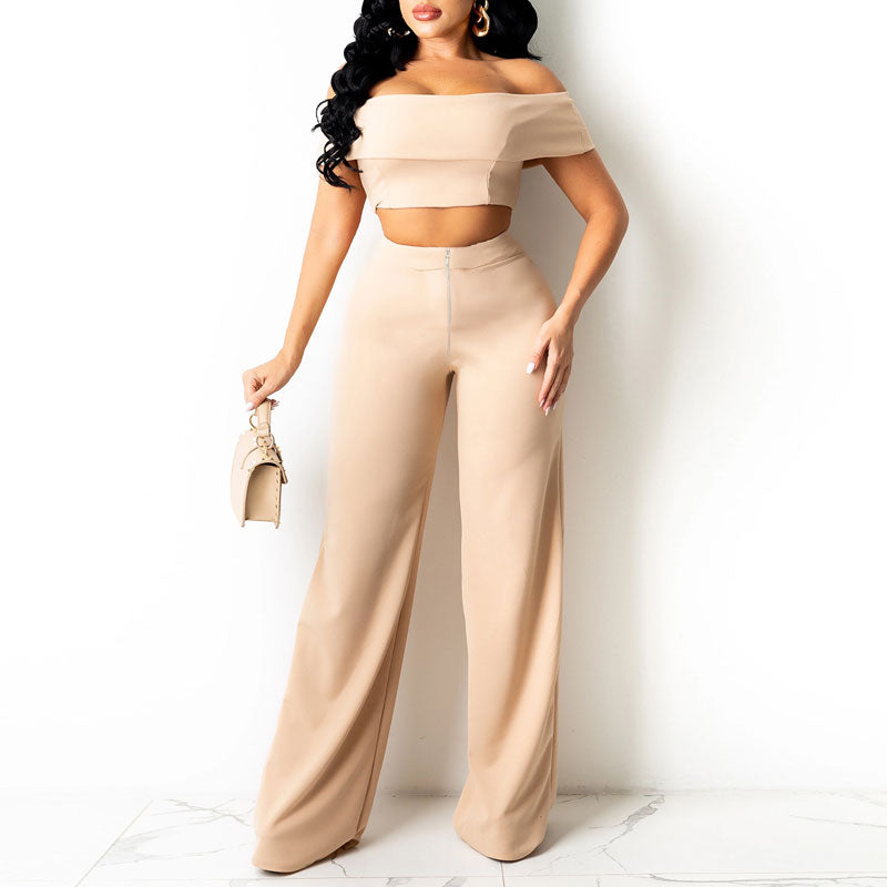 Solid Off Shoulder Tube Top & Wide Leg Pants Set