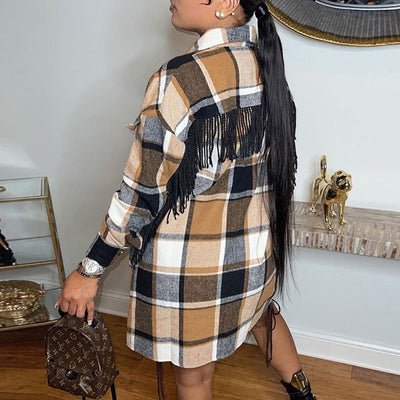 Plaid Pattern Long Sleeve Tassel Design Long Coat