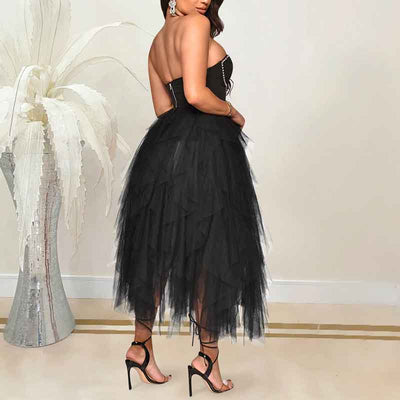 Rhinestone Off Shoulder Sheer Mesh Tulle Dress