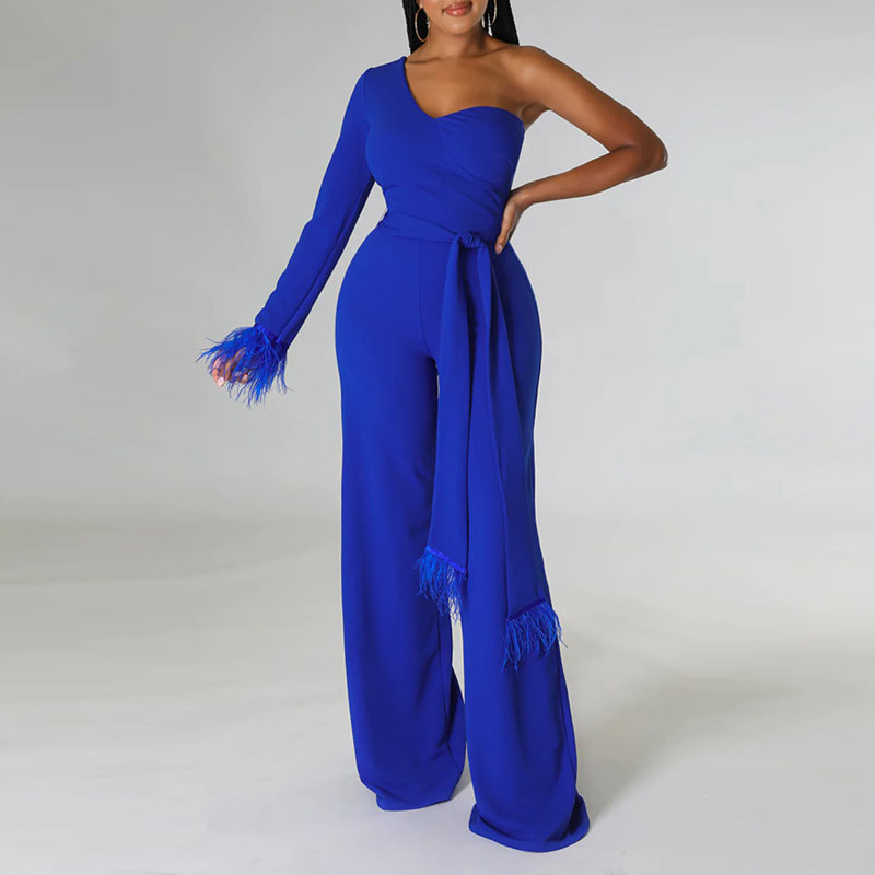 Solid One Shoulder Feather Design Belted Jumpsuit