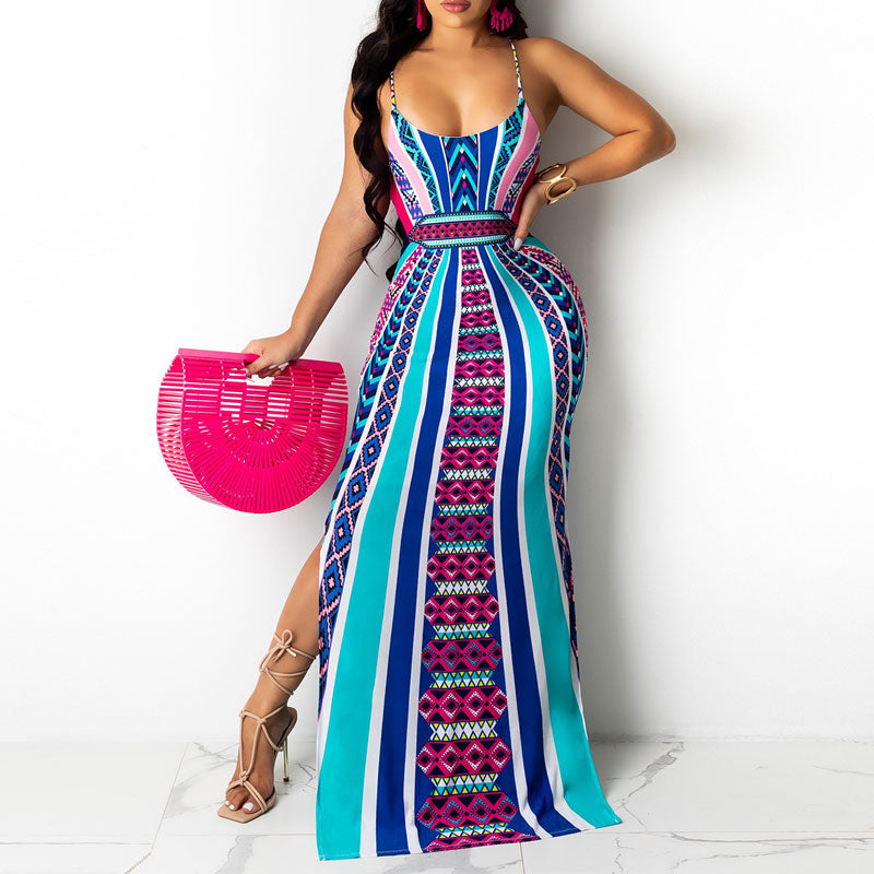 Print Sleeveless Cut Out Slit Maxi Dress