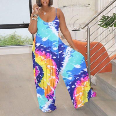 Tie Dye Print Sleeveless Wide Leg Jumpsuit