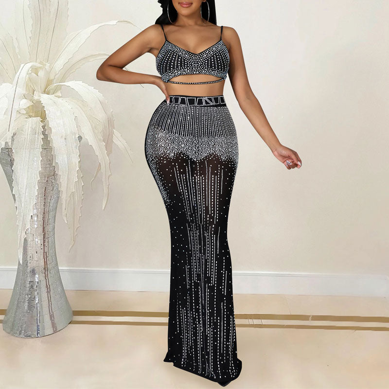 Rhinestone Sleeveless Tube Top & High Waist Skirt Set