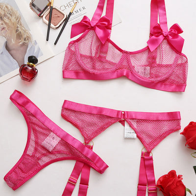 Solid Bowknot Decoration Sheer Mesh 3PCS Lingerie Set