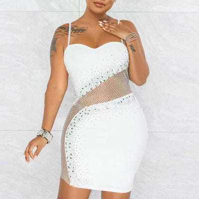 Rhinestone Sleeveless Sheer Mesh Spaghetti Strap Bodycon Dress