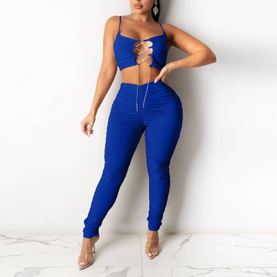 Solid Lace Up Crop Top & Pants Set