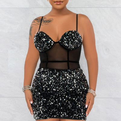 Sequins Sleeveless Mesh Patchwork Bodycon Dress