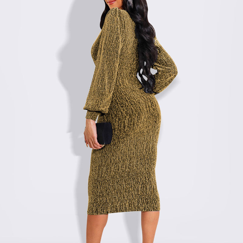 Glitter V-Neck Long Sleeve Midi Dress