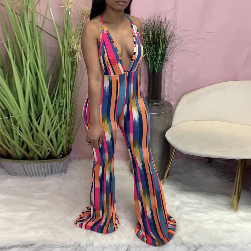 Stripe Pattern Deep V-Neck Halter Bell Bottom Jumpsuit