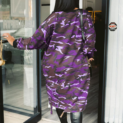 Camouflage Pattern Long Sleeve Hollow Out Midi Dress