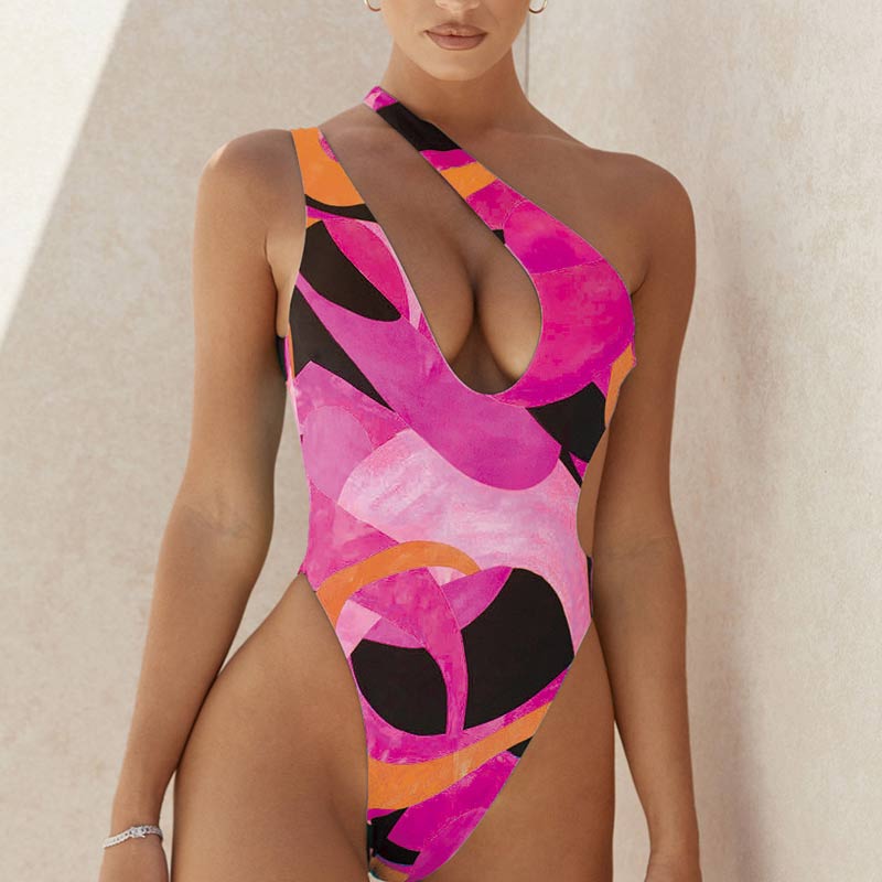 Print Hollow Out One Piece Swimsuit