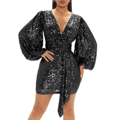 Sequins Deep V-Neck Lantern Sleeve Bodycon Dress