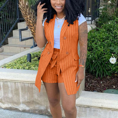 Striped Sleeveless Two Piece Suit Set