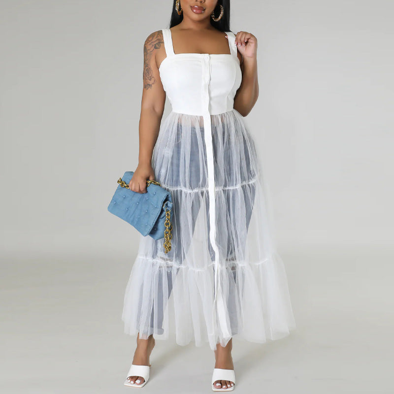 Solid Sheer Mesh Patchwork Spaghetti Strap Dress