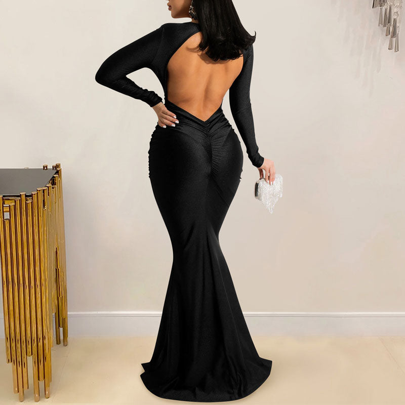 Solid V-Neck Long Sleeve Floor-Length Dress