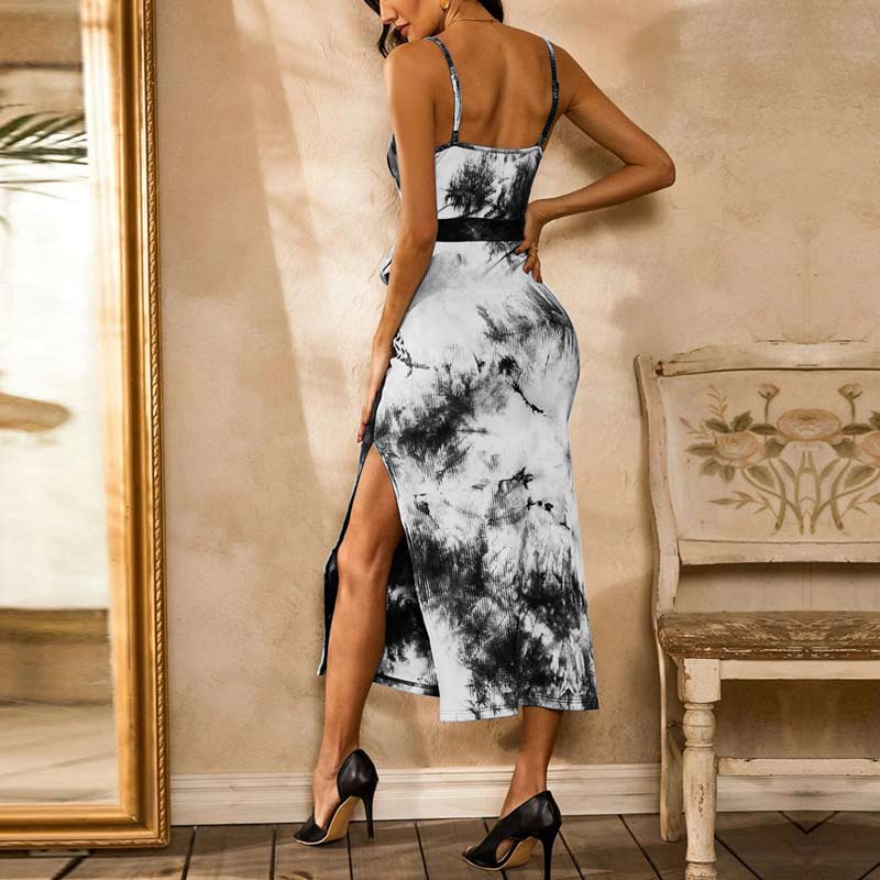 Tie Dye Print Sleeveless Spaghetti Strap High Slit Dress With Belt