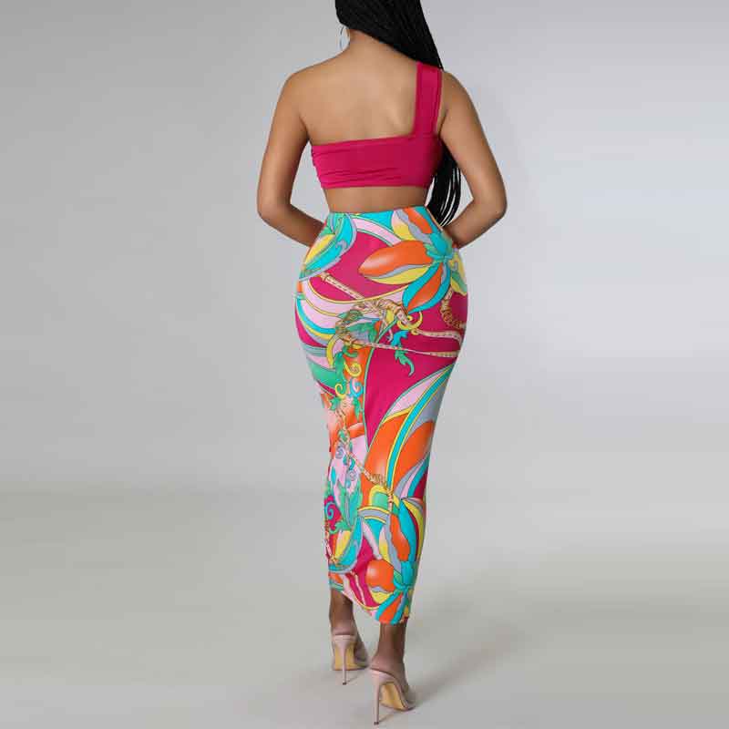 Print One Shoulder Tube Top & Skirt Set