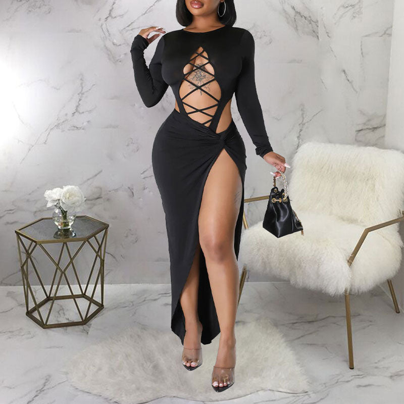 Solid Long Sleeve Lace Up Bodysuit & Skirt Set