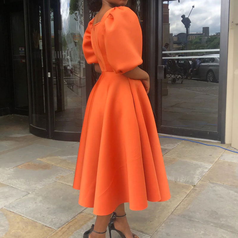 Solid Square Neck Puff Sleeve Pleated Midi Dress