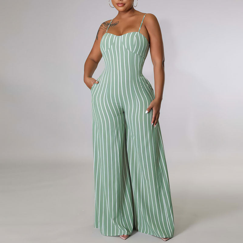 Striped Print Sleeveless Wide Leg Jumpsuit