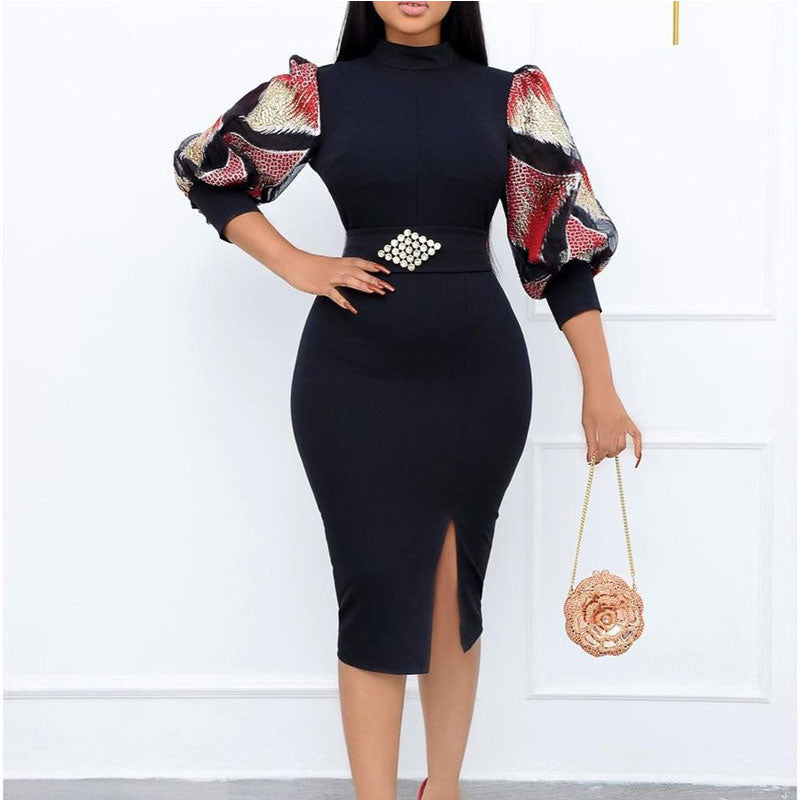 Print Puff Sleeve Slit Bodycon Dress