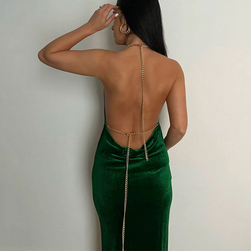 Solid Halter Chain Strap Backless Maxi Dress