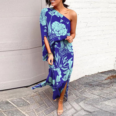 Feather Print One Shoulder Slit Loose Dress