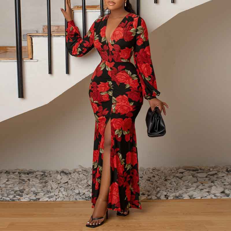 Floral Print Deep V-Neck Long Sleeve High Slit Maxi Dress