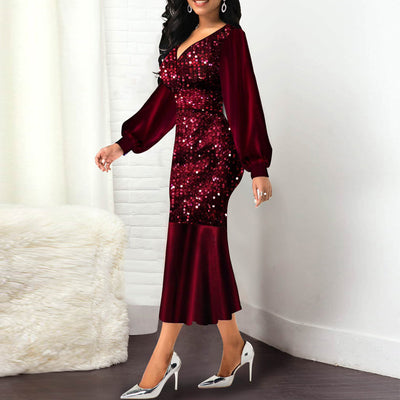 Sequins V-Neck Ruffled Hem Long Sleeve Dress