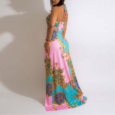 Print Halter Cut Out High Slit Maxi Dress