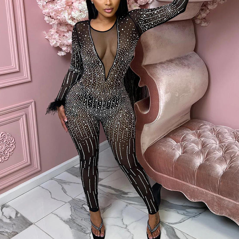 Rhinestone Sheer Mesh Feather Design Jumpsuit