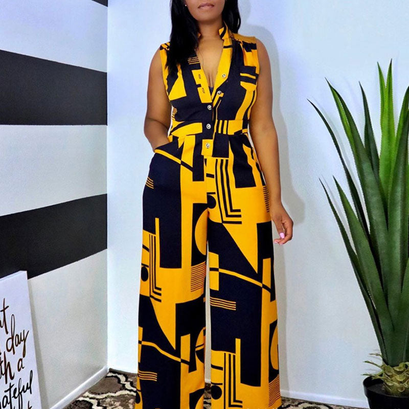 Graphic Print Button Detailed Wide Leg Jumpsuit