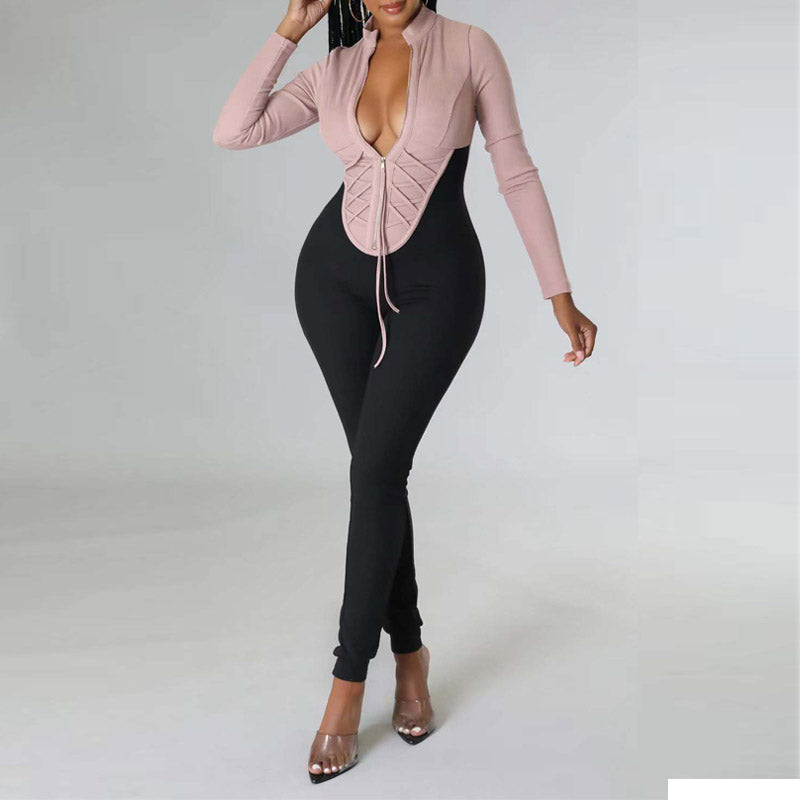 Colorblock Long Sleeve Zipper Design Jumpsuit