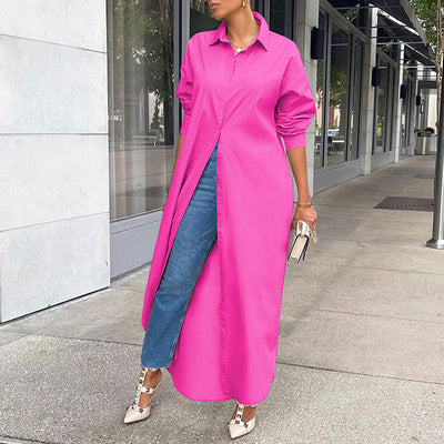 Solid Long Sleeve Maxi Shirt Dress