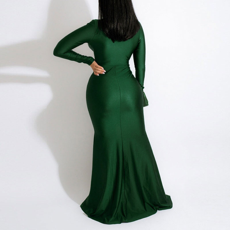 Solid Deep V-Neck Long Sleeve High Slit Maxi Dress