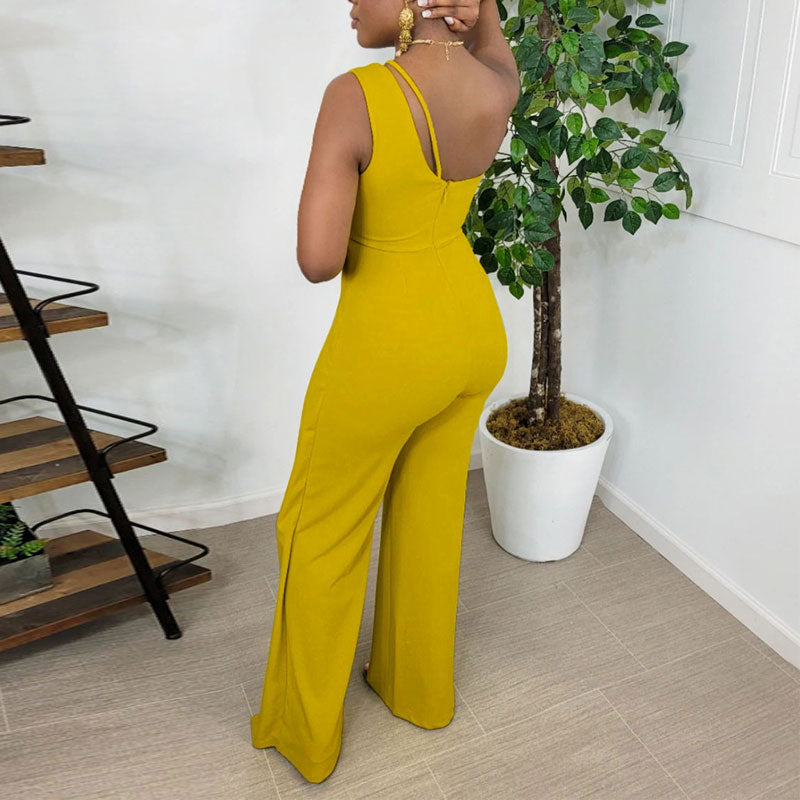 Solid One Shoulder Sleeveless Wide Leg Jumpsuit