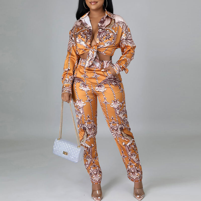 Print Long Sleeve Knotted Blouse & Pants Set