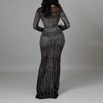 Rhinestone Long Sleeve Feather Design Sheer Mesh Floor-Length Dress