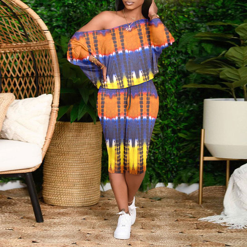 Tie Dye Print One Shoulder Loose Top & Shorts Set