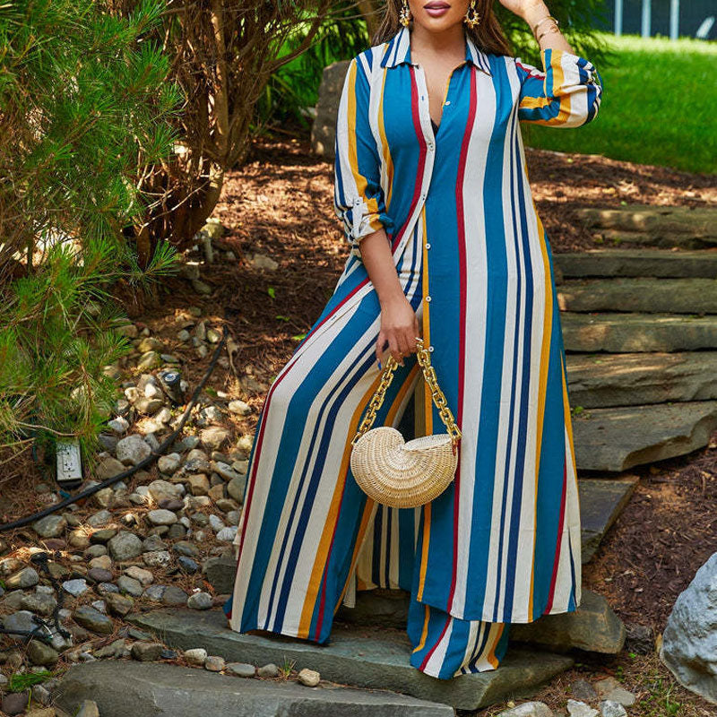 Striped Long Sleeve Shirt Dress & Wide Leg Pants Set