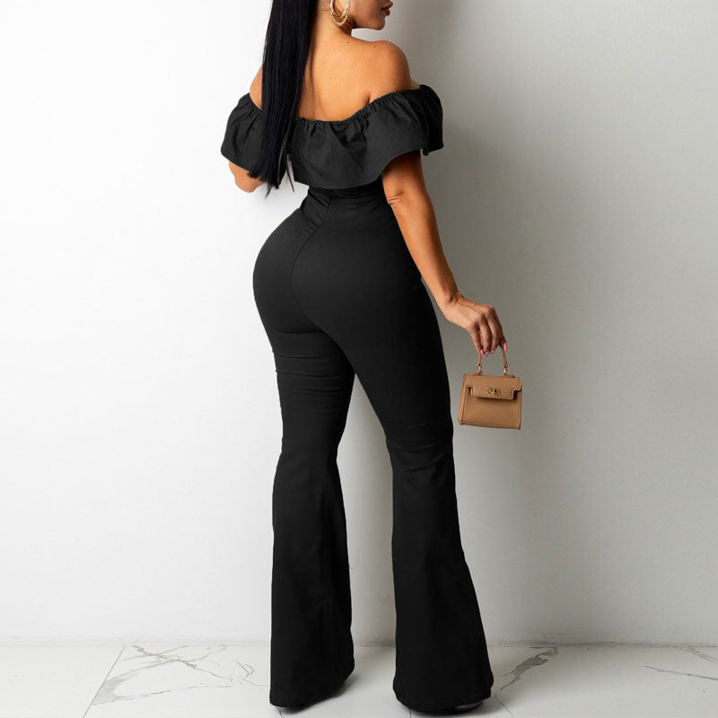 Solid Off Shoulder Button Detailed Ruffles Jumpsuit