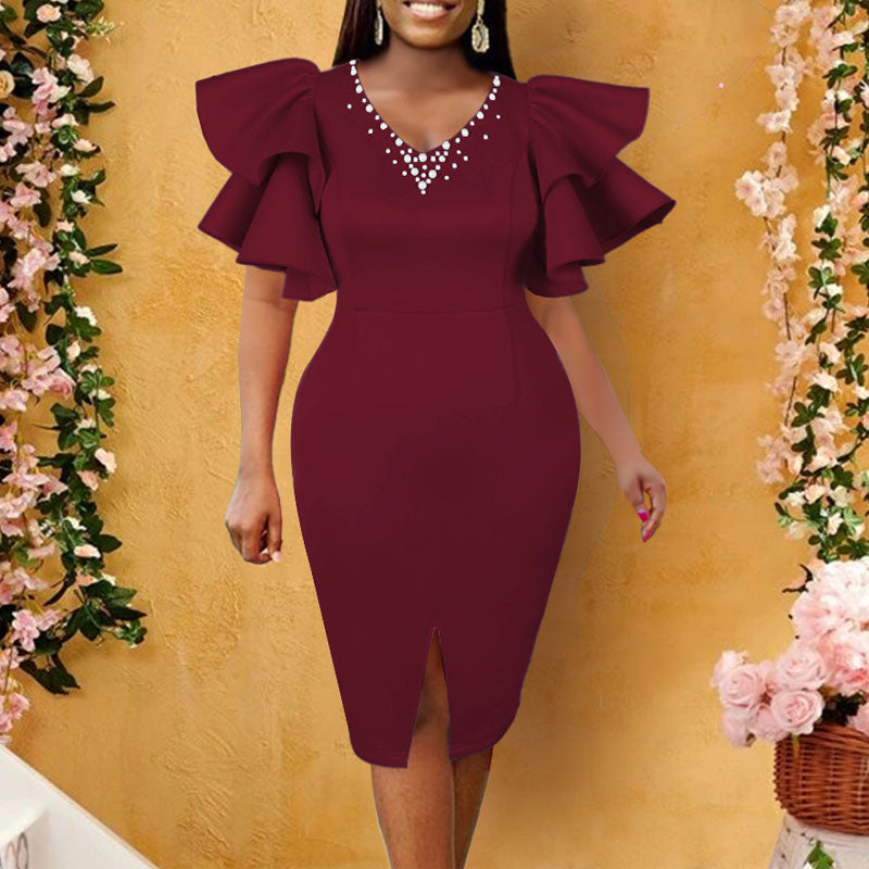 Ruffle Design V-Neck Beaded Slit Bodycon Dress