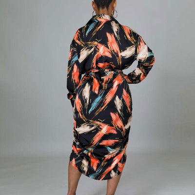 Print Long Sleeve Ruched Shirt Dress