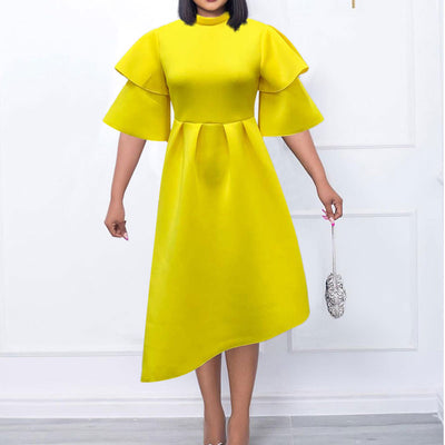 Solid Ruffles Layered Sleeve Asymmetrical Midi Dress