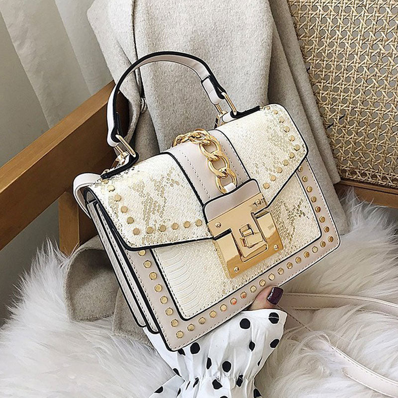 Snakeskin Pattern Chain Flap Satchel Bag