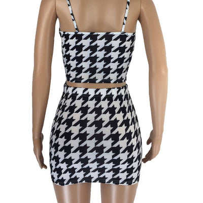 Houndstooth Pattern Sleevless Crop Top & Skirt Set