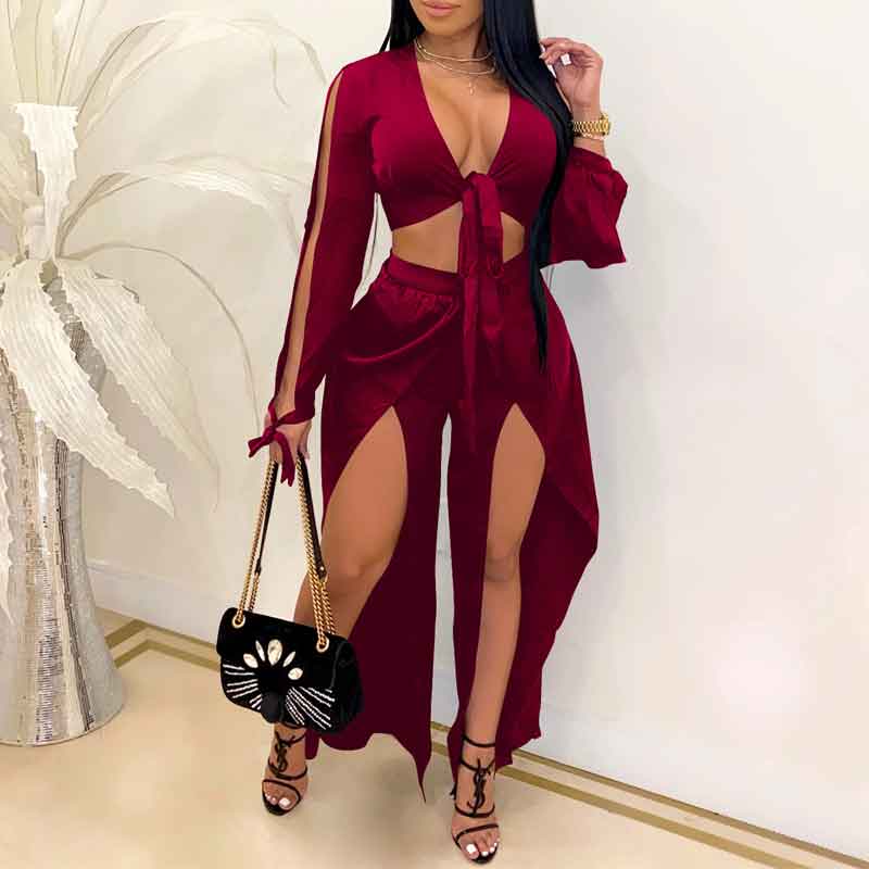 Solid Long Sleeve Tied Crop Top & Slit Pants Set