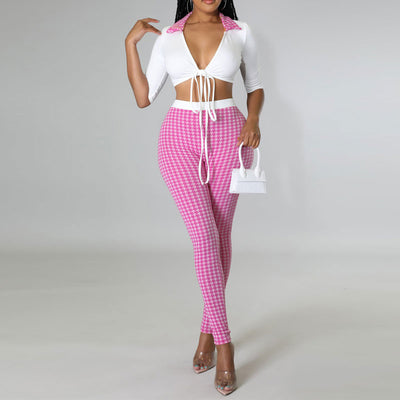 Houndstooth Print Tied Crop Top & Pants Set