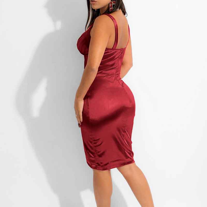 Solid Deep V-Neck Sleeveless Ruched Bodycon Dress